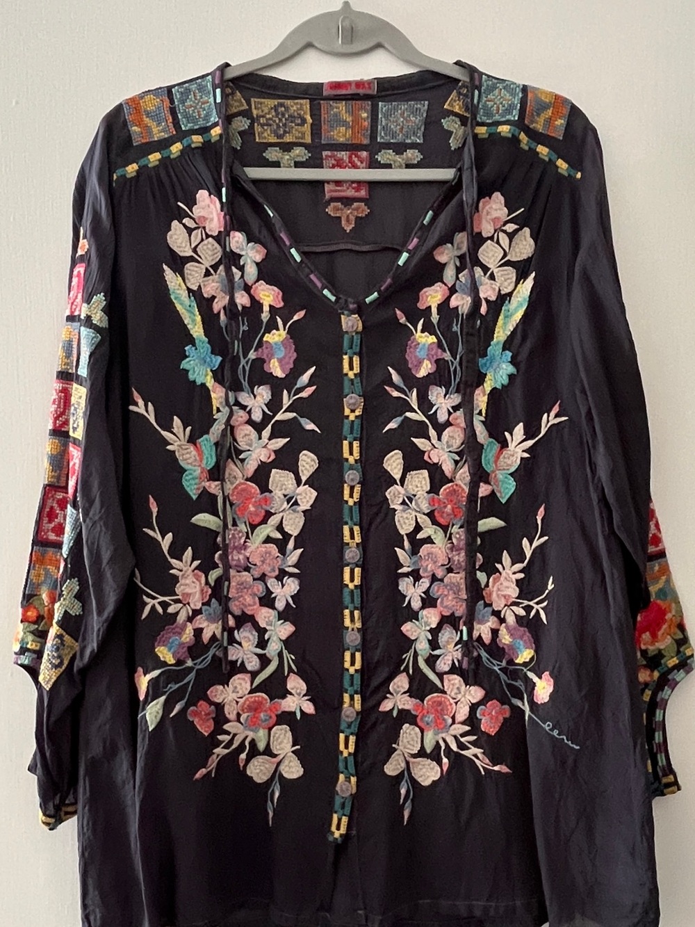 Johnny Was Black Embroidered Floral Peasant Blouse